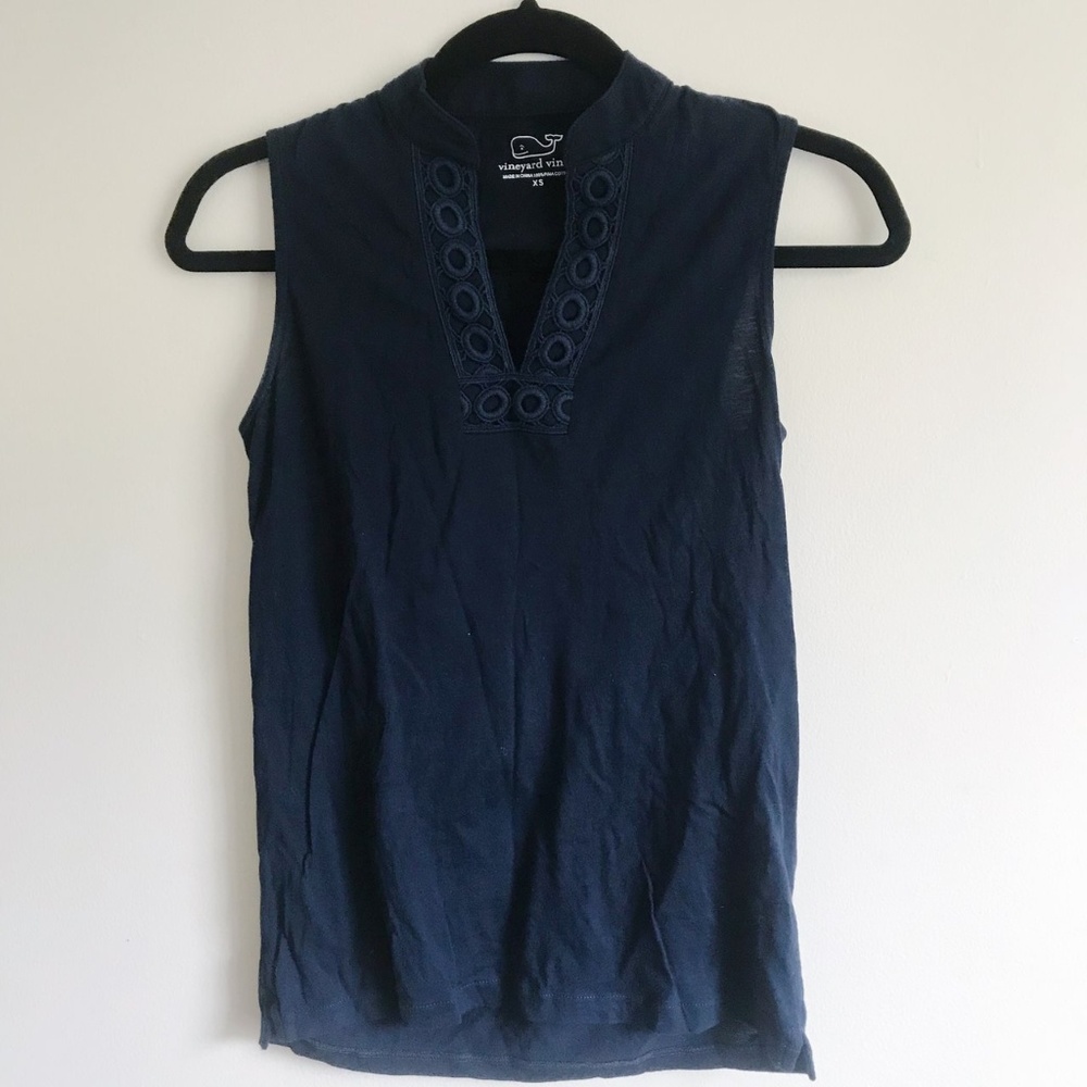 Vineyard Vines Navy Sleeveless Tank with Embroidered V-Neck